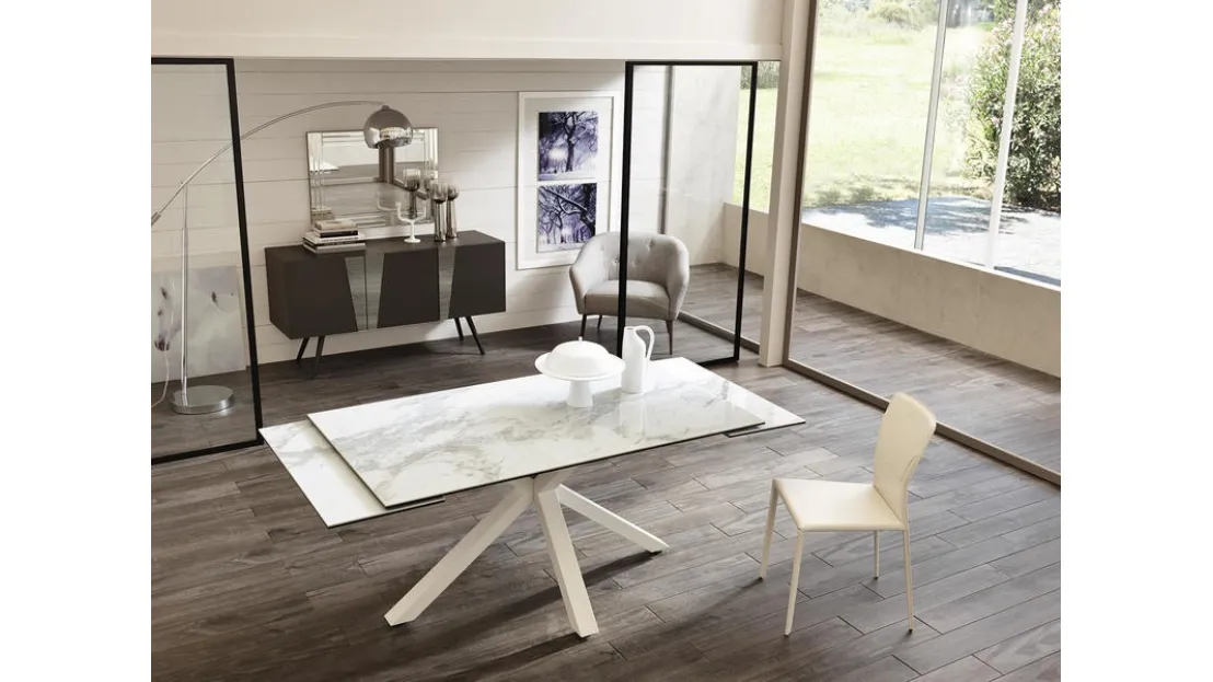 Tavolo allungabile con top in ceramica effetto marmo bianco su vetro temprato Ceramica 01 di Stones